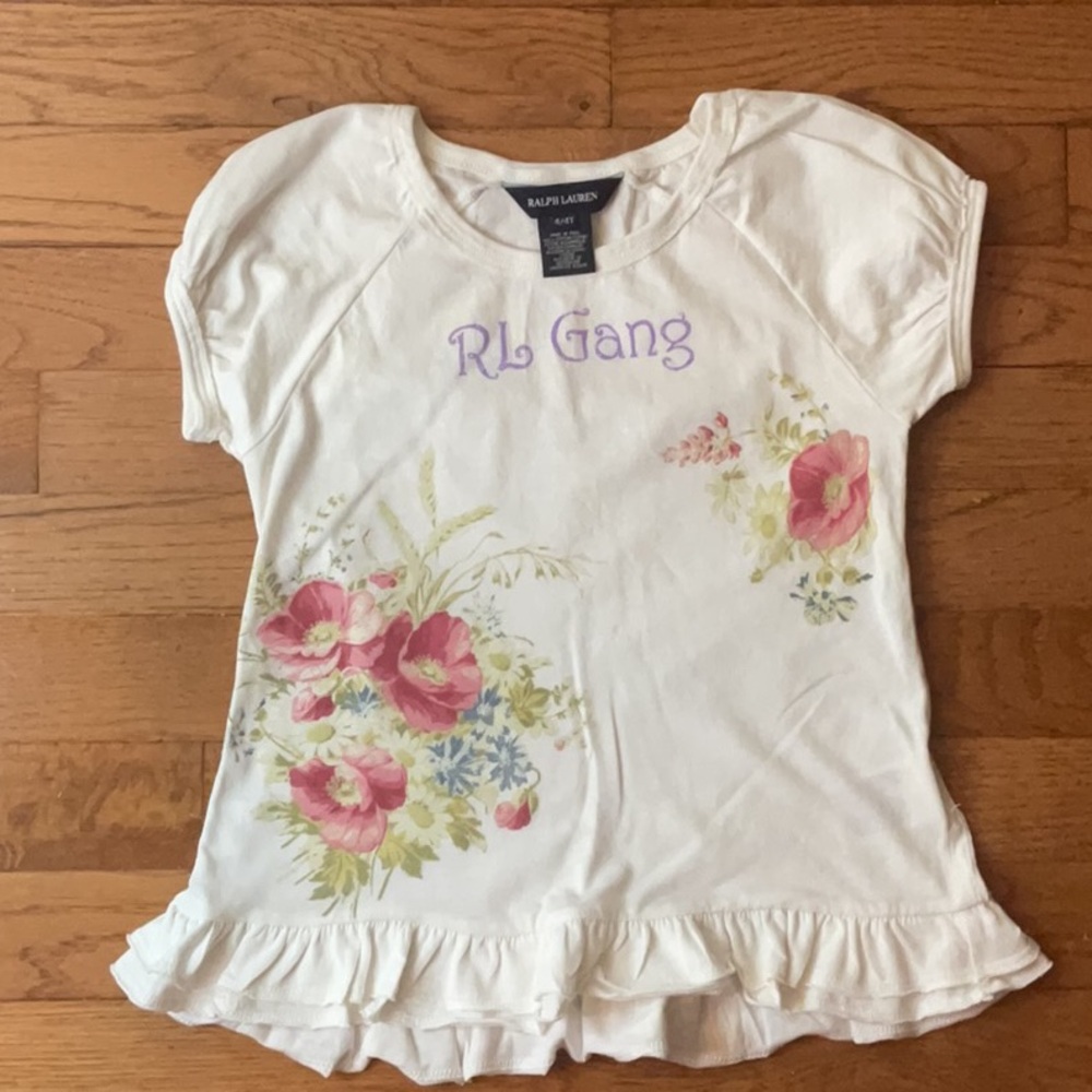 Ralph Lauren White and Pink Floral Top with Ruffle Hem